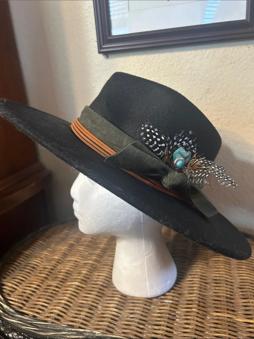 Black Wide-Brim Felt Hat with Olive Suede Band and Tan Accent